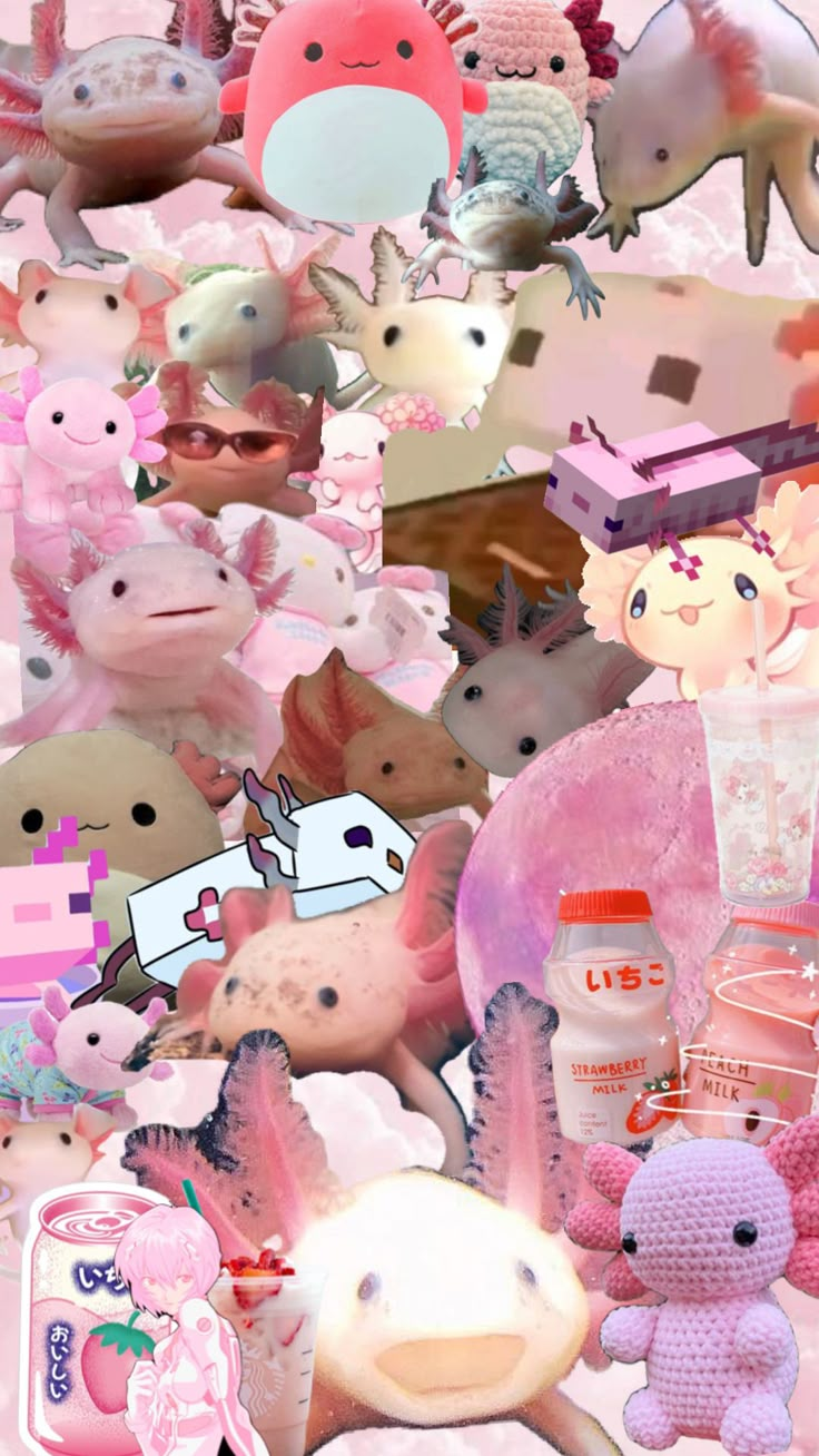 a collage of stuffed animals and toys in pastel pinks, including teddy bears