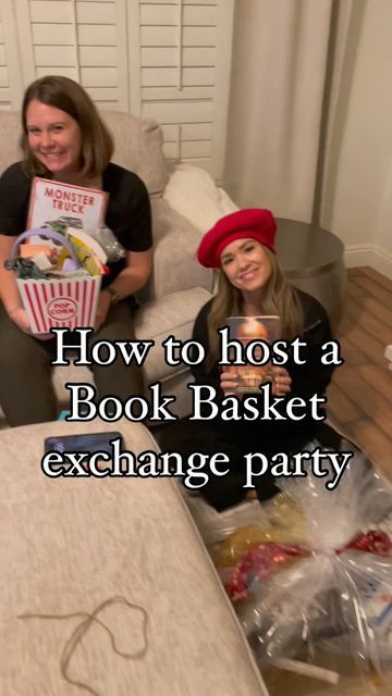 two women sitting on a couch with books in their hands and the text how to host a book basket exchange party