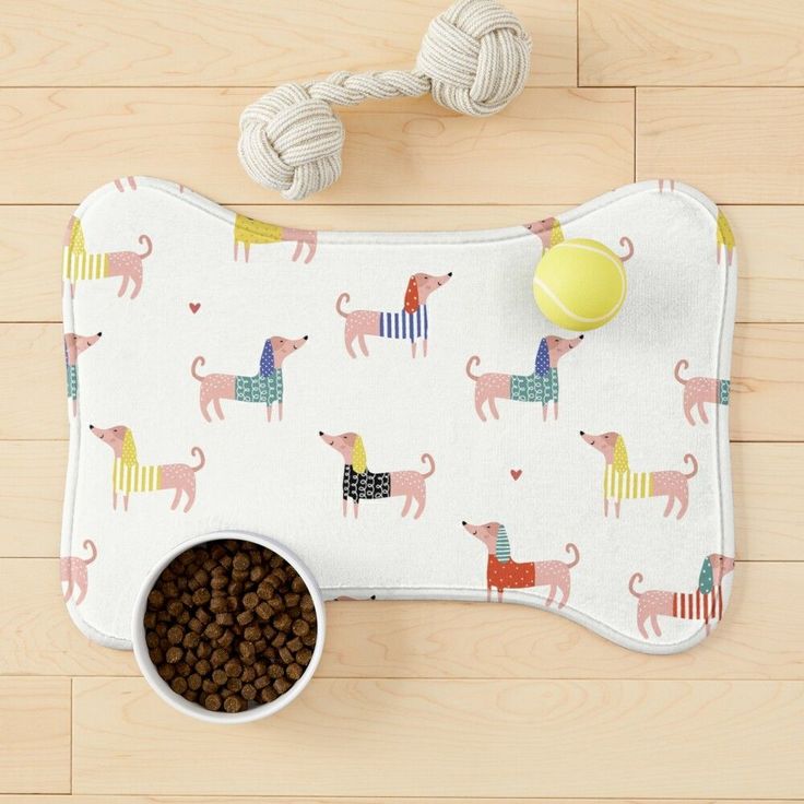 a dog mat with a bowl of food next to it