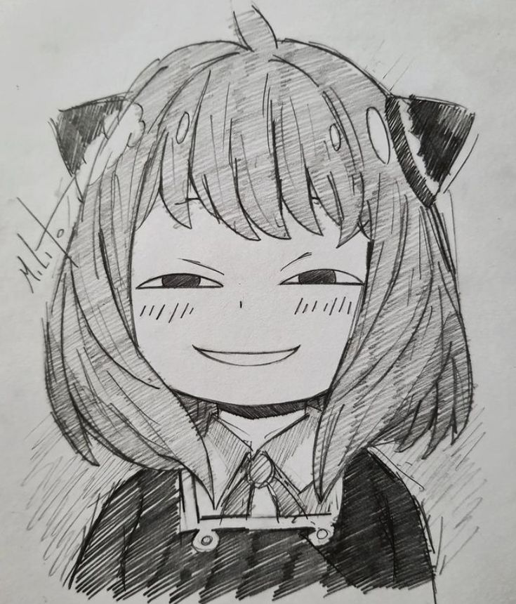 a drawing of a girl with long hair wearing a cat ears hat and black shirt