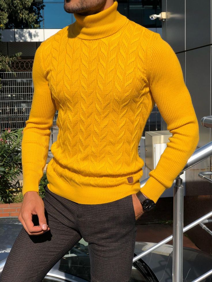 Stylish Knitwear, Color Clothes, Burgundy Shoes, Fitted Turtleneck, Turtle Neck Sweater, Yellow Sweater, Sweater Material, Color Code, Outfit Casual