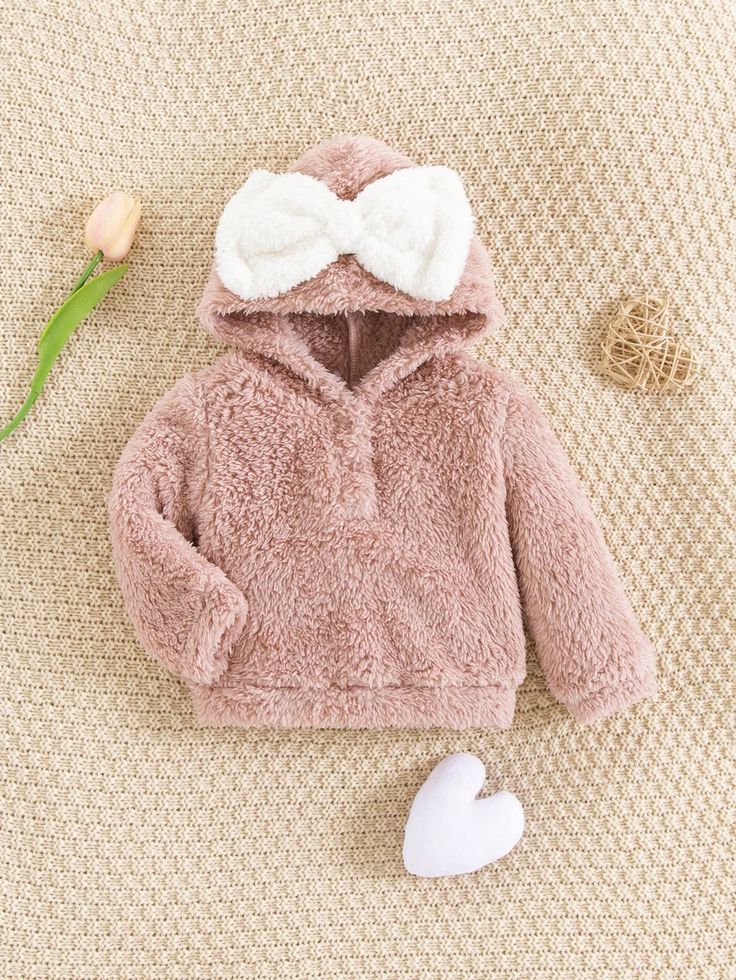 Newborn Baby Girl's Thick Hooded Sweatshirt With Contrast Color And Big Bow Decoration Pink   Long Sleeve Knitted Fabric Colorblock  Slight Stretch  Newborn Baby Clothing, size features are:Bust: ,Length: ,Sleeve Length: Colorblock Pants, Rose Bonbon, Navy And Khaki, Bear Ears, Womens History Month, Sweatshirts Pattern, Beauty Clothes, Big Bows, Wrap Sweater