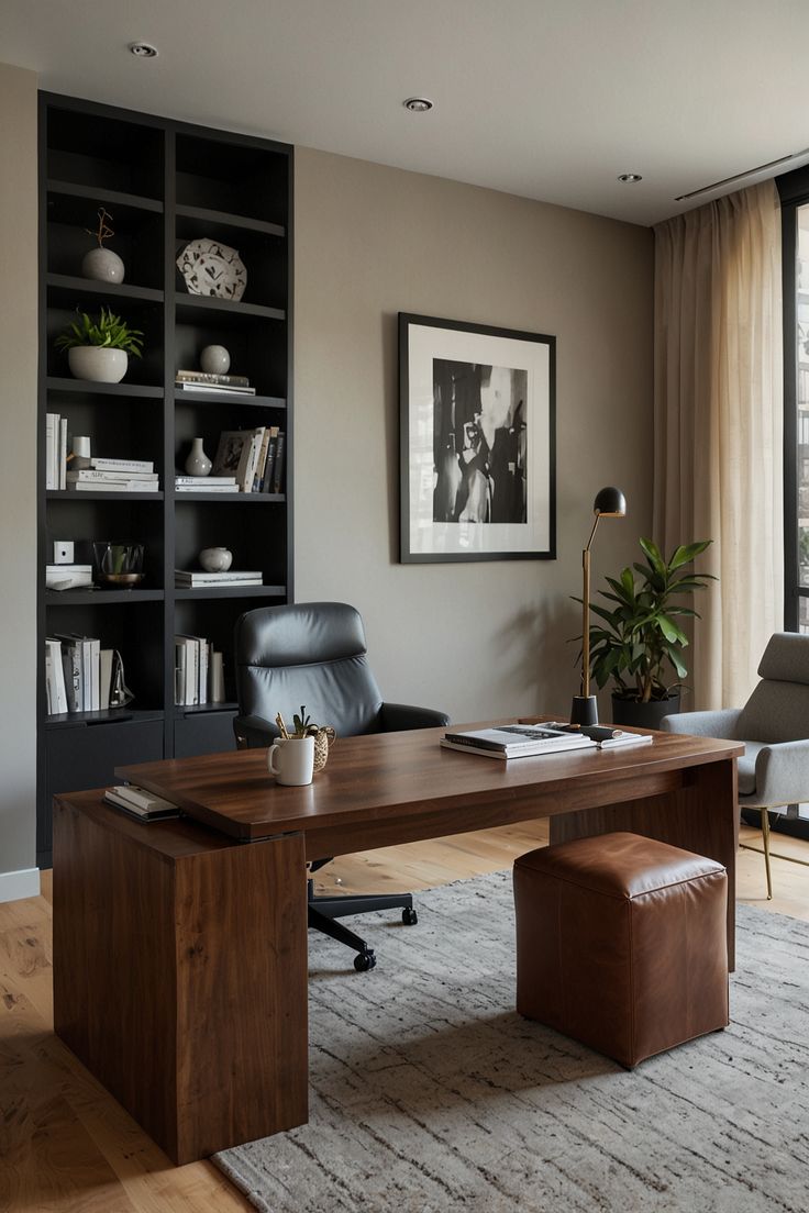 an office with a desk, chair and bookcase in front of a large window