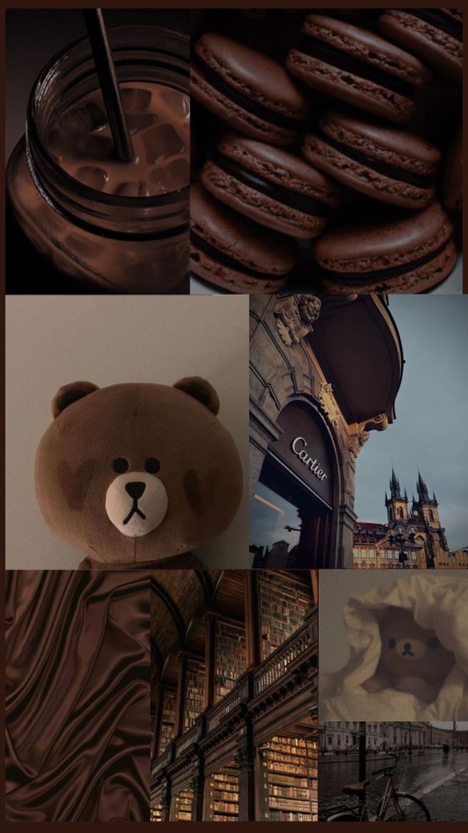 there is a collage with chocolate cookies and a teddy bear in the middle one has a glass of milk