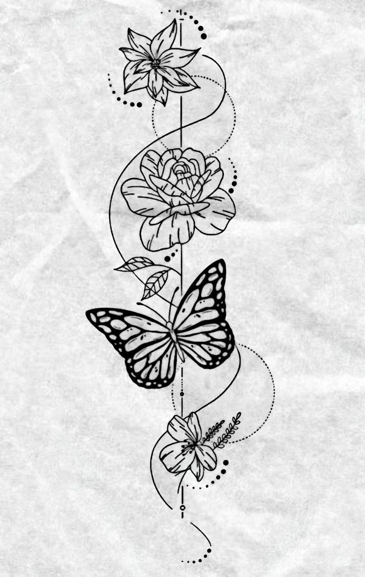 a black and white drawing of flowers with butterflies flying around the flower stems on top of each other