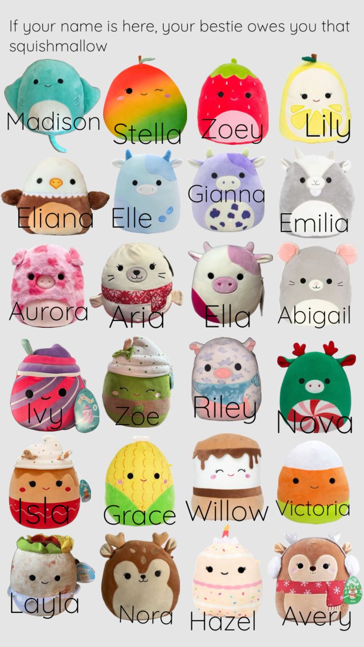 a bunch of stuffed animals that are in different colors and sizes, all with names on them