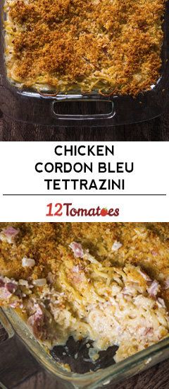 chicken cordon bleu tetrazzini in a glass casserole dish