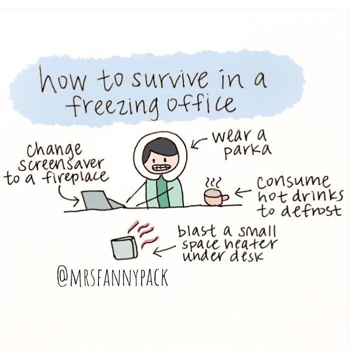 a cartoon depicting how to survive in a freezing coffee drinker's life