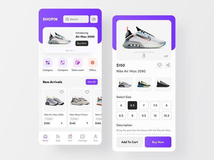 two mobile app screens showing shoes and price information for the shoe store, one with an image of a sneaker on it