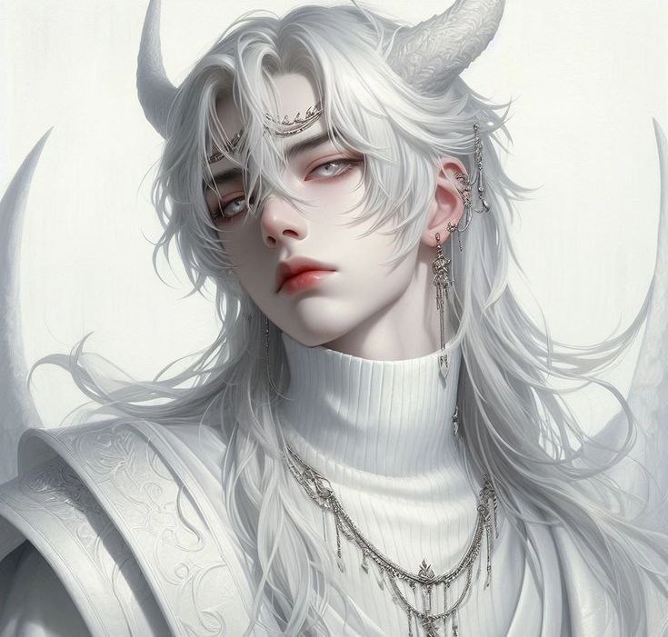 a woman with white hair and horns on her head is wearing silver jewelry while standing in front of a white background