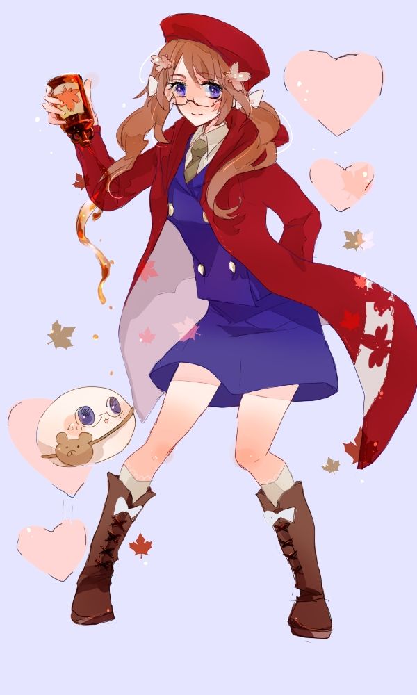 an anime character holding a teddy bear and wearing a red coat with hearts on it