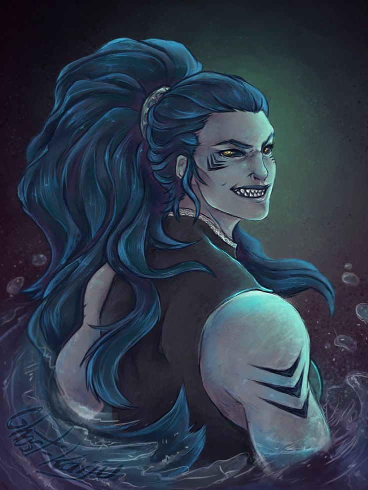 a drawing of a woman with blue hair and makeup in the water, looking like she is