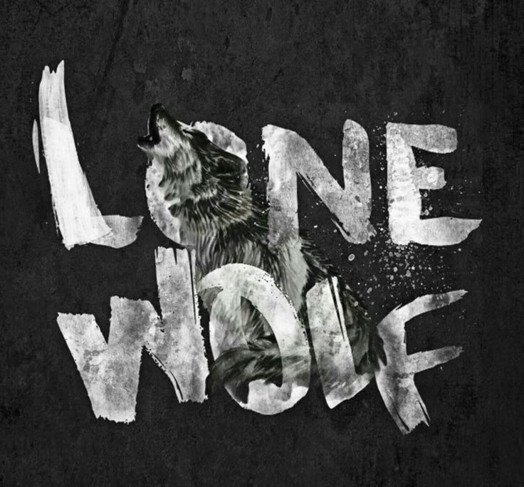 a wolf with the words one wolf written in white ink on a black background,