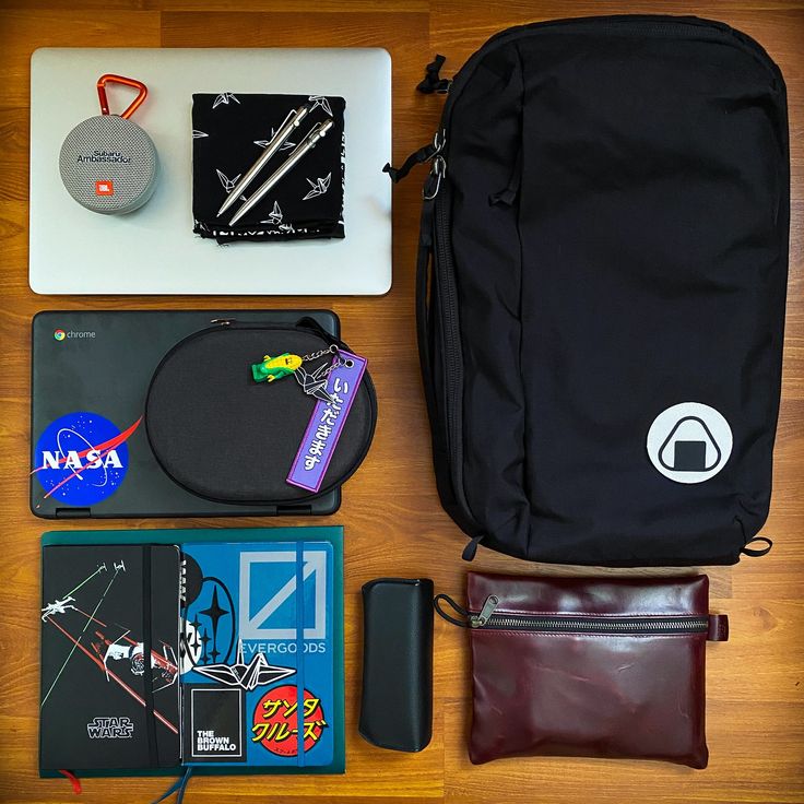 the contents of a backpack laid out on a table