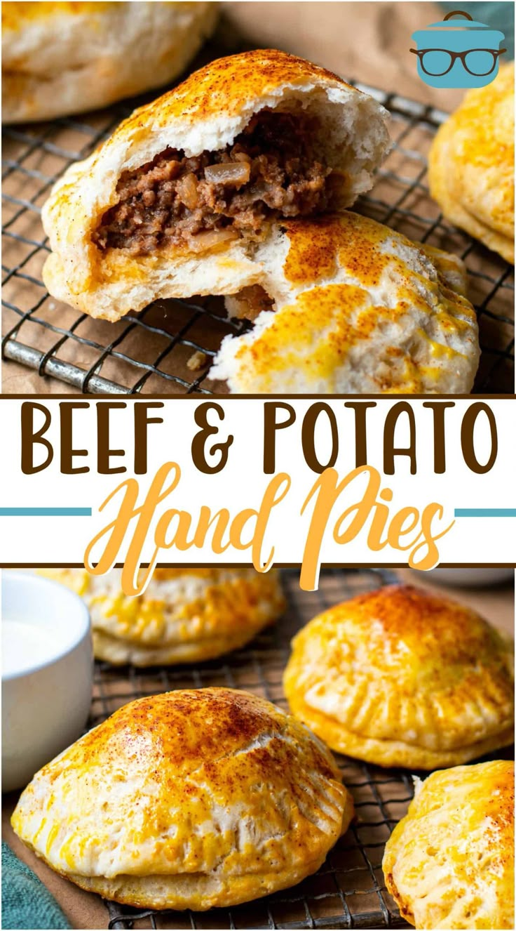 beef and potato hand pies on a cooling rack with the words beef and potato hand pies