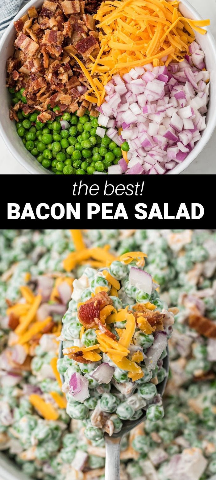 Bacon pea salad in bowl with creamy dressing Best Pea Salad, Creamy Pea Salad, Peas Bacon, Bacon Pea Salad, Pea Salad With Bacon, Easter Salad Recipes, Easter Salad, Pea Salad Recipes, Creamy Peas