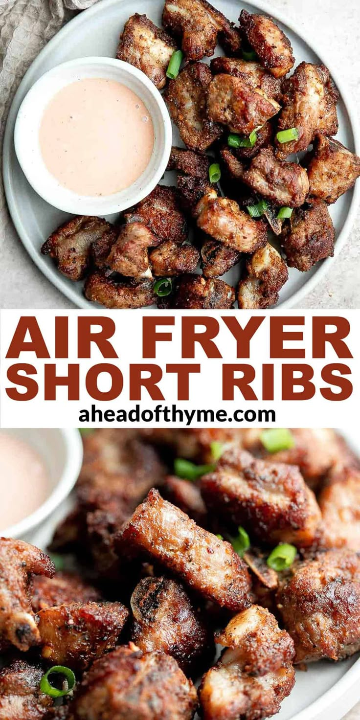 air fryer short ribs on a plate with dipping sauce