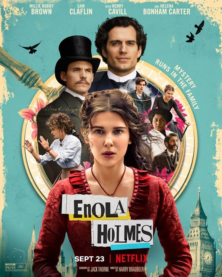 the movie poster for enola hotmes starring actors from left to right, julia bresley as mary poppartt,