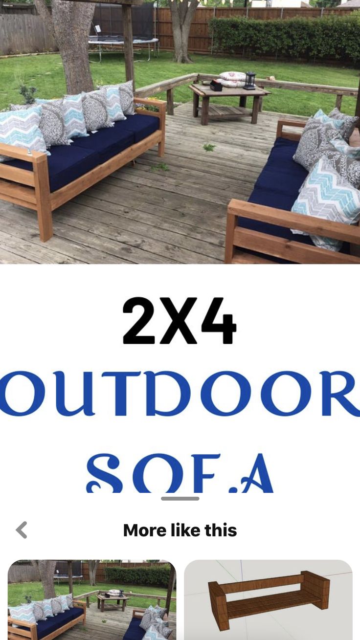 an outdoor sofa made out of pallets and wood with text overlay that reads, 2x4 outdoor sofa sofa more like this