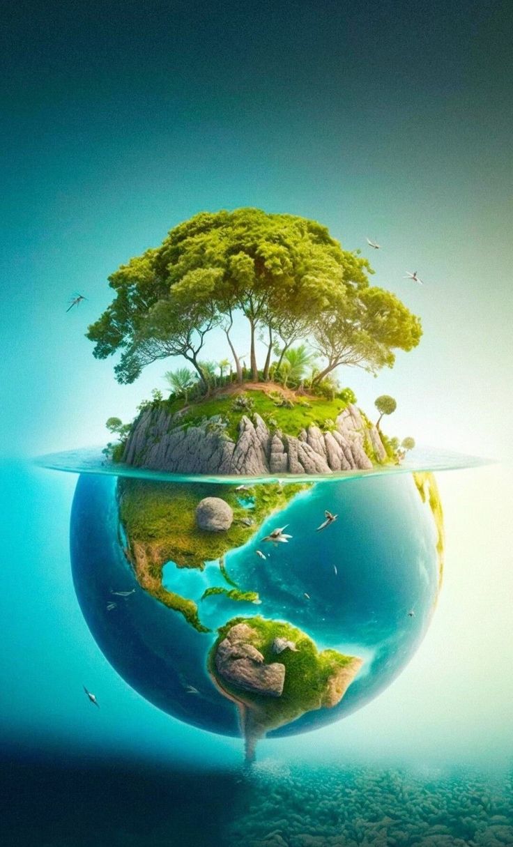 an island floating in the water with trees on it's top and bottom half