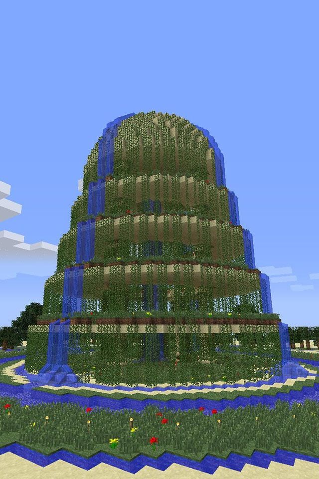 an image of a large tower made out of plants and trees in minecraft with text that reads, use the pinterest app it's faster and way more fun