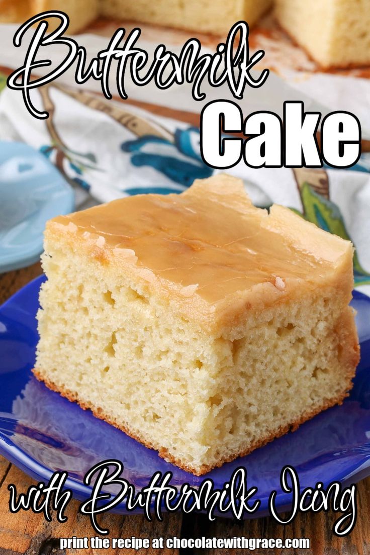 a close up of a piece of cake on a plate with the words buttered cake