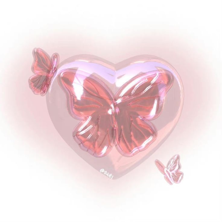 a pink heart shaped balloon with two butterflies on the front and one in the back