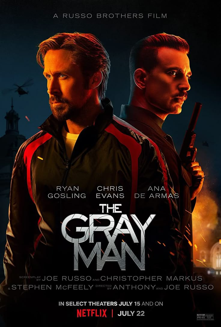 the grey man movie poster with two men in black and red jackets, one is staring at