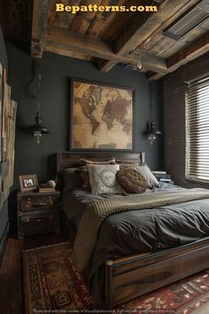 a bed room with a neatly made bed next to a window