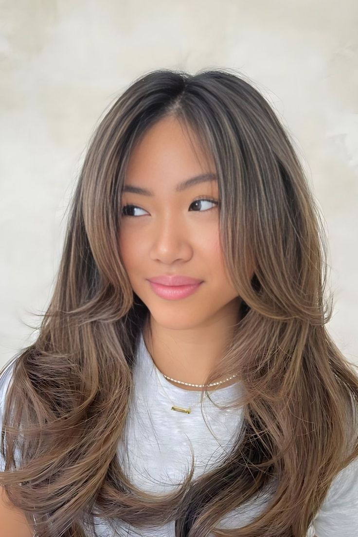 Asian Layered Cut With Caramel Highlights Hair Color Southeast Asian, Asian Brown Balayage Short Hair, Caramel Highlights On Asian Hair, Brown Skin Colored Hair, Fall Asian Hair, Hair Colour For Tan Skin Asian, Asian Caramel Highlights, Bronde Haircolor Asian, Asian Golden Brown Hair