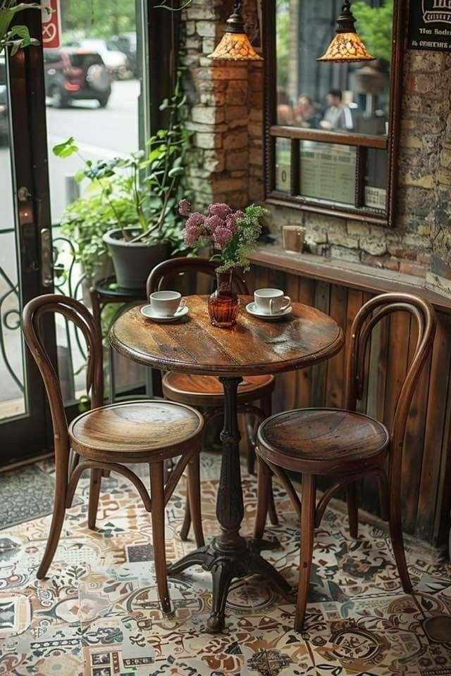 two wooden chairs sitting at a small table