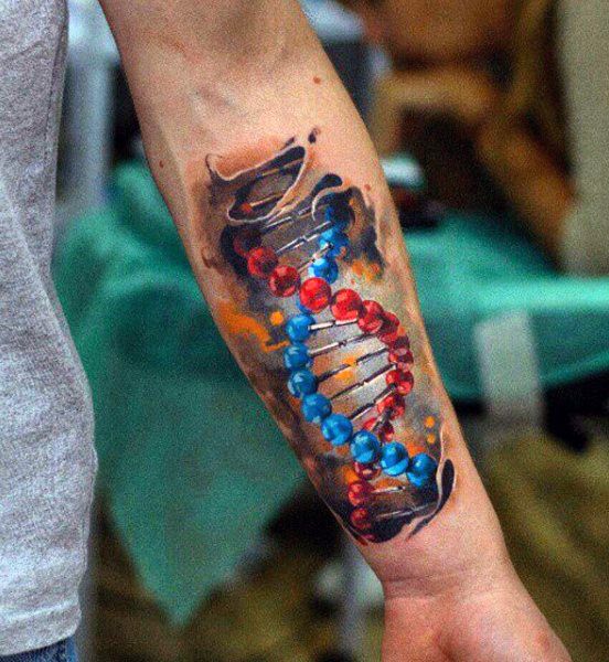 a person with a tattoo on their arm that is covered in colorful beads and paint