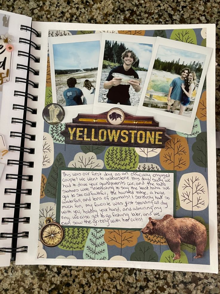 an open notebook with pictures of people and animals on the pages, along with a handwritten note about yellowstone