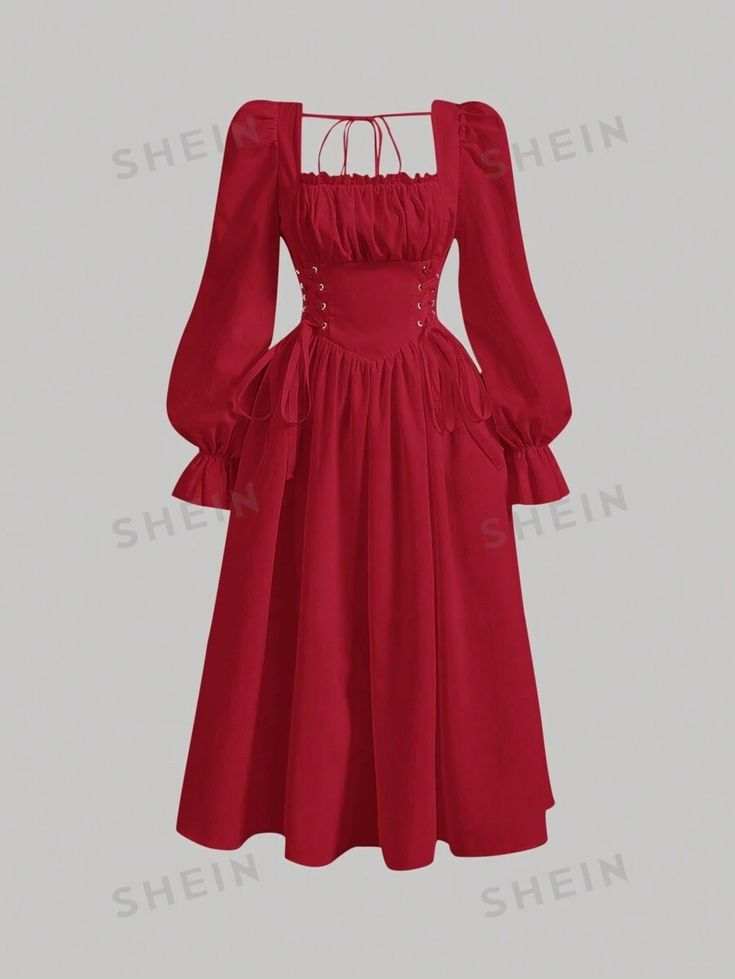 SHEIN MOD Square Neck Flounce Sleeve Lace Up Front Ruched Bust Lantern Sleeve Red Long Dress | SHEIN USA Red Long Dress, Long Red Dress, Couture Sewing Techniques, Couture Sewing, Women Midi, Flounce Sleeve, Women Long Dresses, Lantern Sleeve, Lantern Sleeves