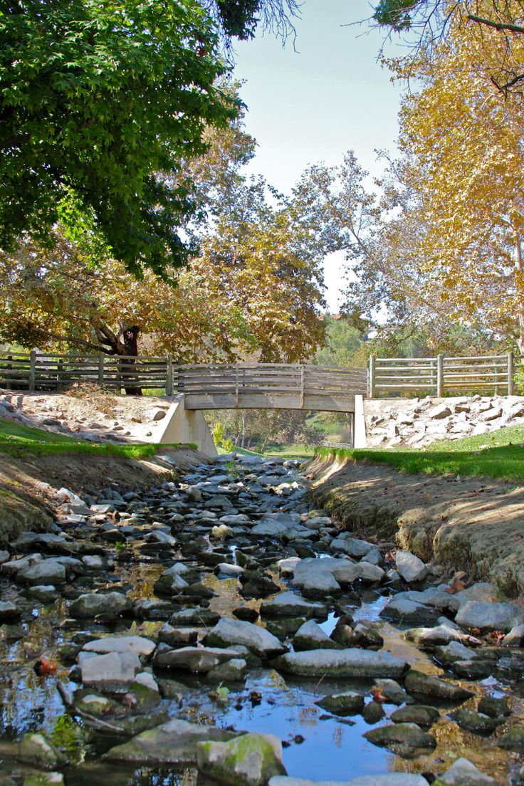 a small stream running through a park next to a wooden bridge over rocks and grass