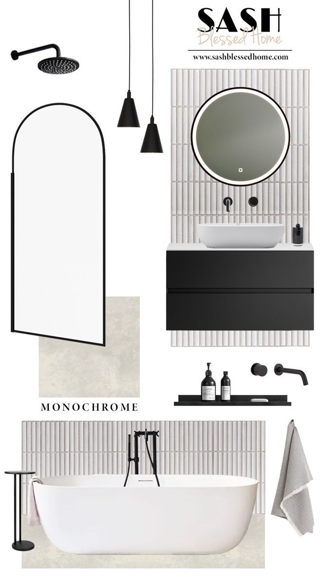 bathroom design board with black and white accents