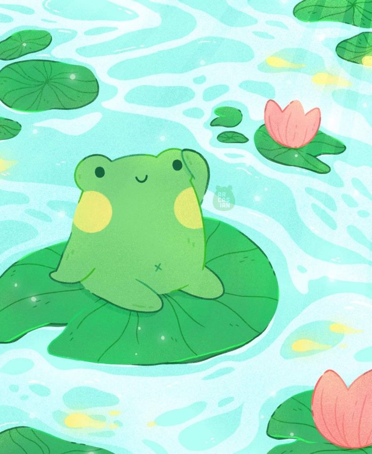 a green frog sitting on top of a lily pad in the water with pink flowers