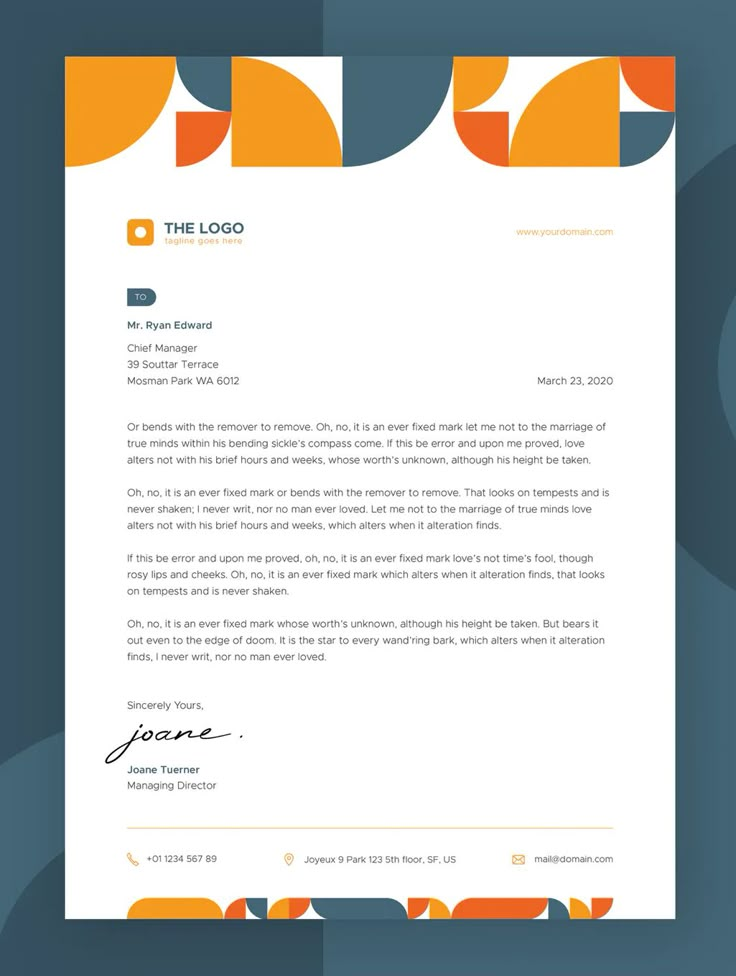 a letterhead with an orange and blue design