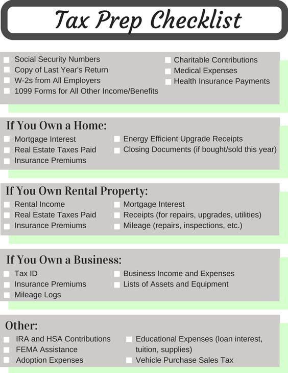 the tax checklist is shown in green and black, with an image of a house on