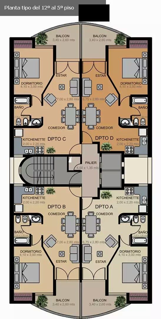 the floor plan for an apartment building with two floors and three bedroom apartments on each level