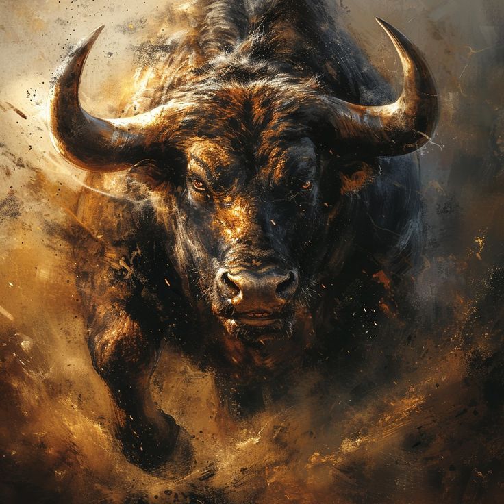 an artistic painting of a buffalo running through the air with dust and water around it