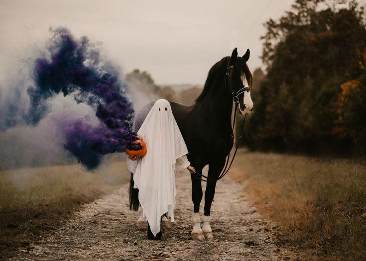 a horse with a ghost costume standing next to it's owner on a dirt road