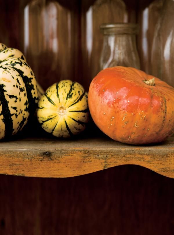 several gourds and squash sit on a shelf in front of glass jars,