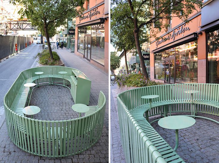 two pictures of a curved bench on the street