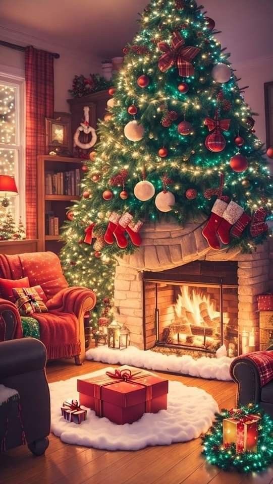 a decorated christmas tree in a living room next to a fire place with presents on the floor