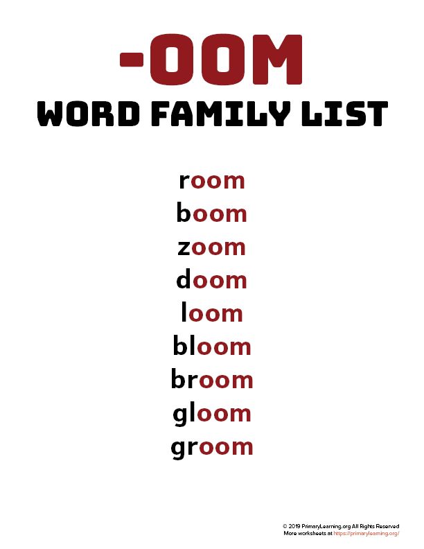 the word family list is shown in red and black