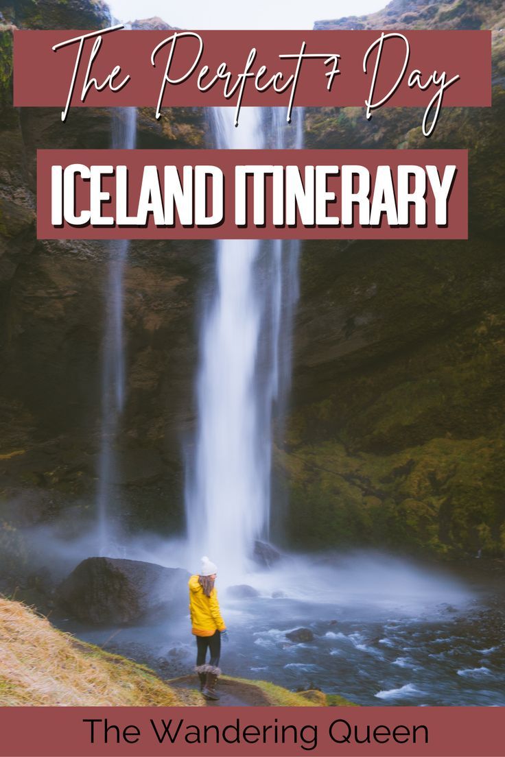 a man standing in front of a waterfall with the words, the perfect day iceland itinerary