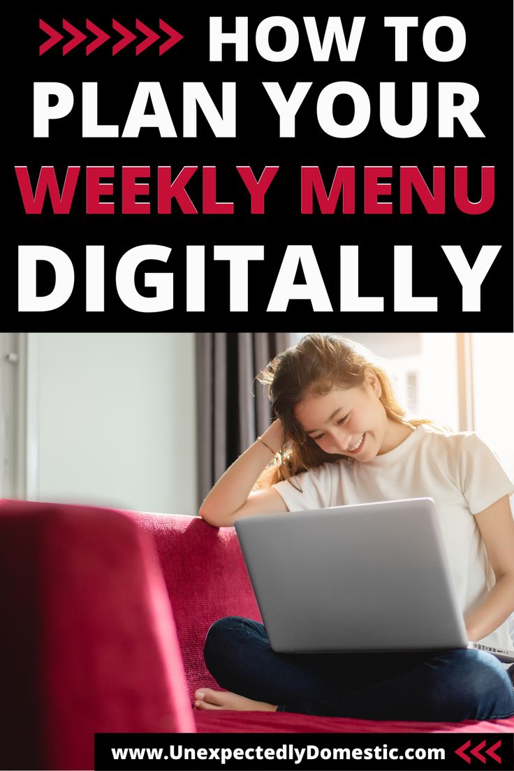 a woman sitting on a red couch using a laptop computer with the text how to plan your weekly menu digitally