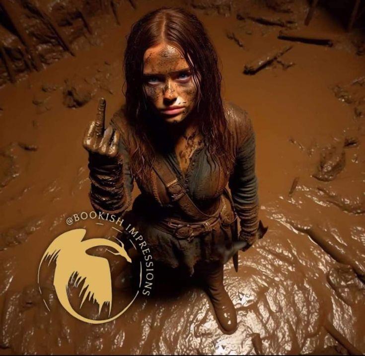 a woman is sitting in the mud with her hands up