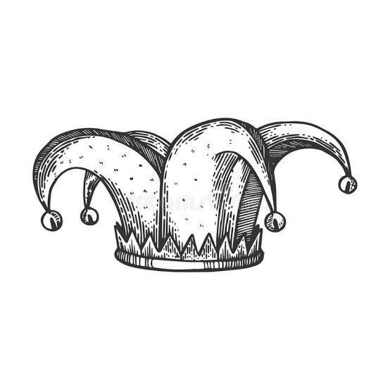 a drawing of a jester's hat with bells on the top and two hands